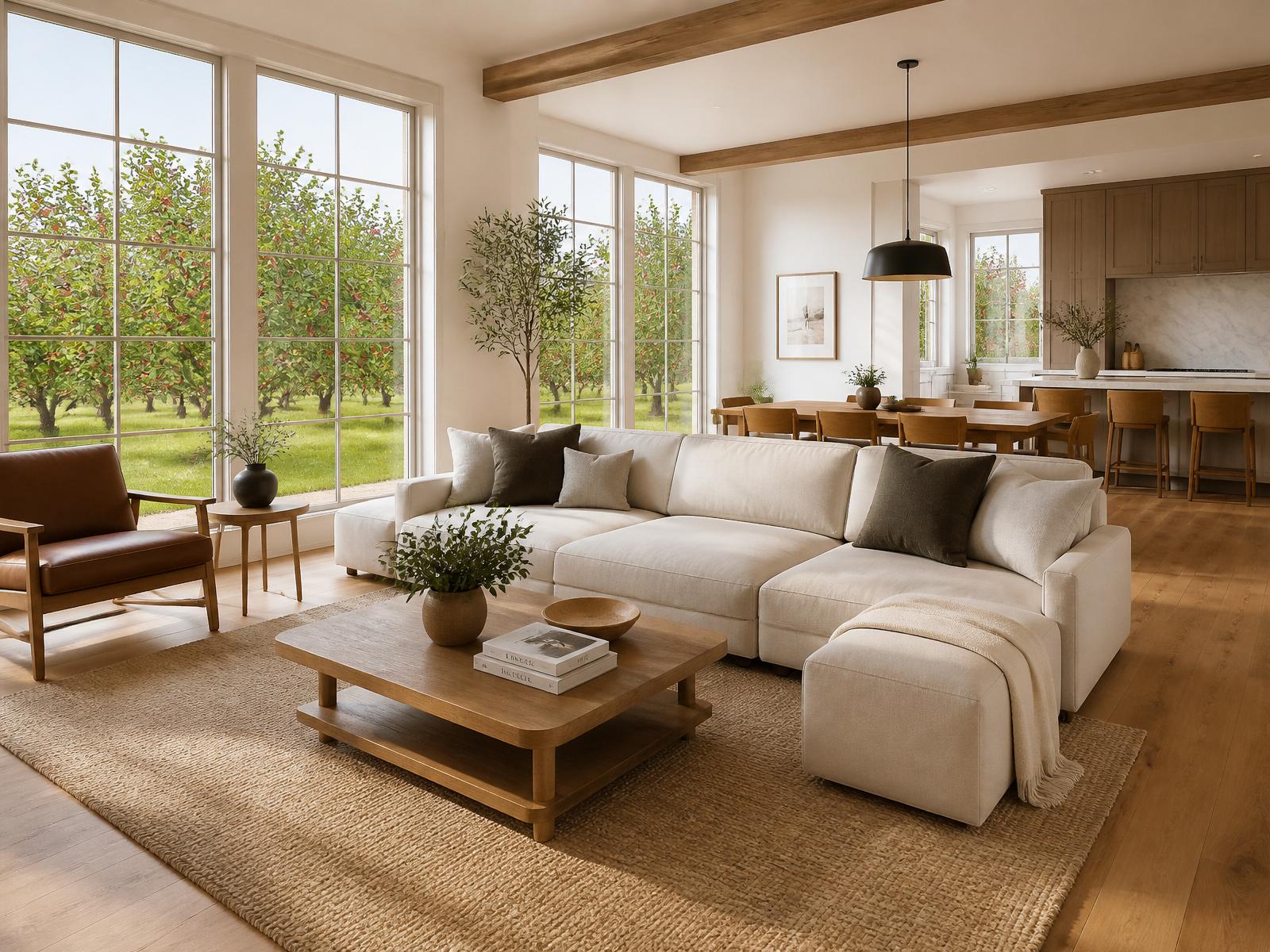 Sun-filled open concept living room with orchard views